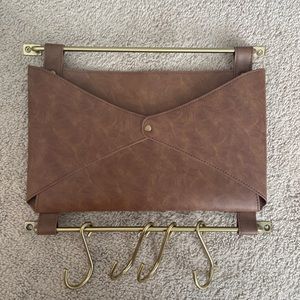 Brown Leather mail holder with gold hooks